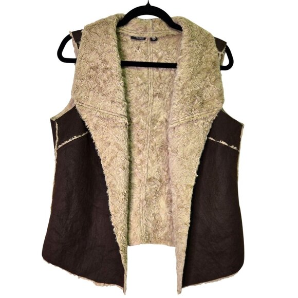 Faux Fur Shearling Vest L Mocha Brown Drape Soft Textured Trim Fall Winter Layer - Picture 1 of 7